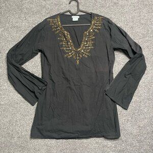 Cute Options Womens Tunic Top Black Bell Sleeve Notch Neck Beaded Sequin Panel M